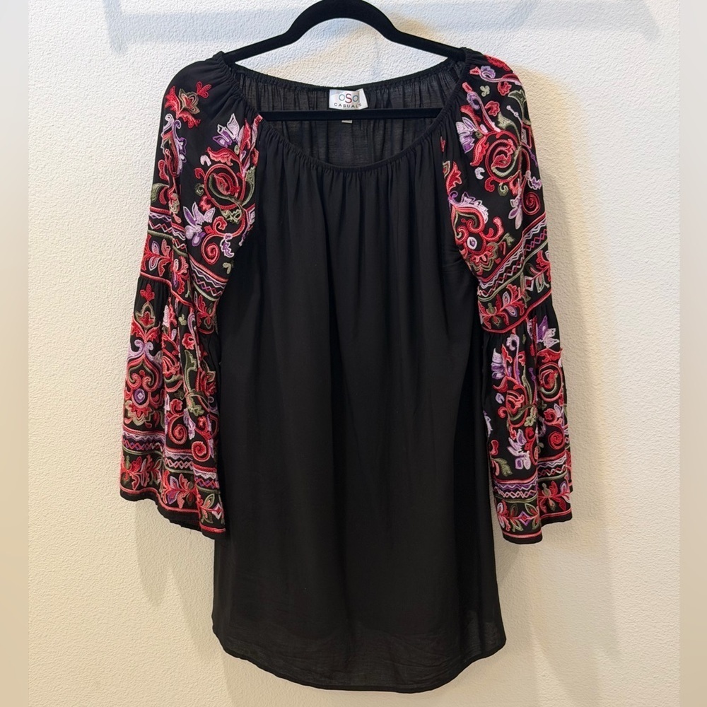Oso Boho Folk Core Embroidered Bell Sleeve Black Shift Dress M - Picture 3 of 8